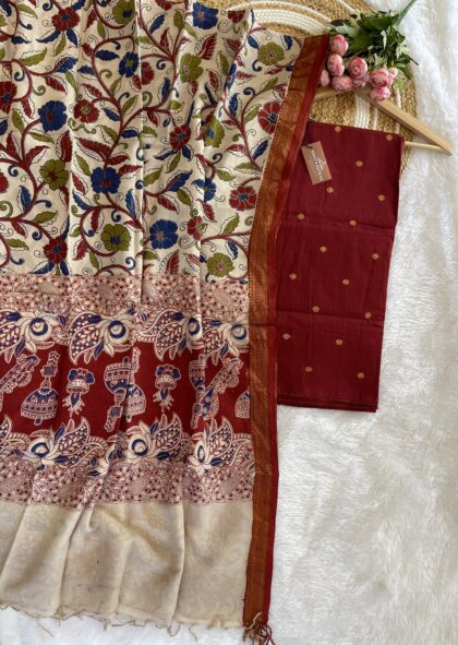 AV126- Premium Raw Silk Top Material (Un-Stiched)With Kalamkari Silk Dupatta