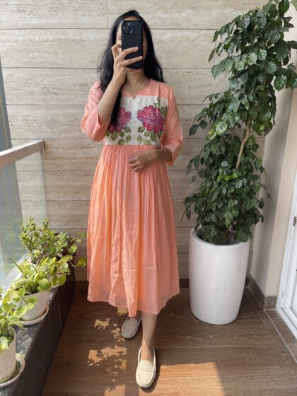 Rose- Mul Cotton Hand Embroidery Hand Painted Dress With Cotton Lining