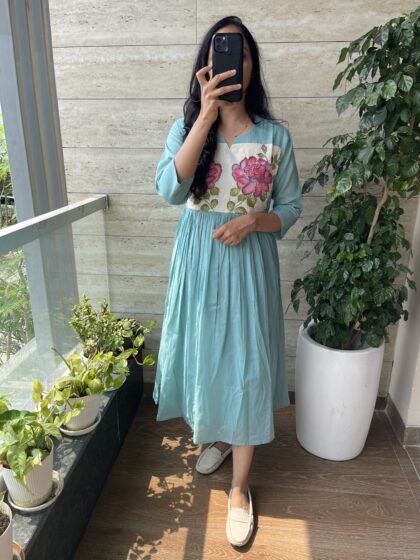 Rose- Mul Cotton Hand Embroidery Hand Painted Dress With Cotton Lining