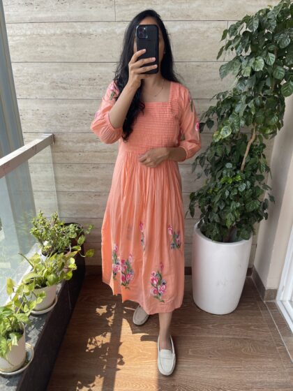 Nidhi - Mul Cotton Handmade Crochet Embroidery Dress With Cotton Lining