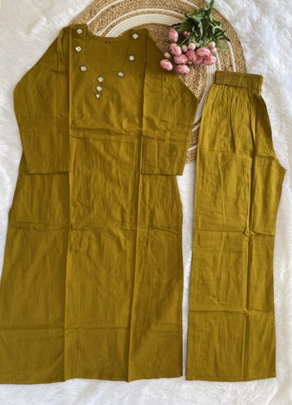 AV139- Premium Flex Cotton Mirror Embroidery Straight Cut 2Pc Kurta & Pant Set