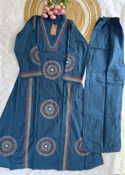 AV137- Premium Handloom Cotton Block print  A Line 2Pc Kurta & Pant Set