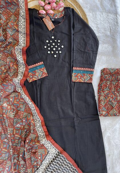 AV133- Premium Handloom Cotton Hand Mirror Embroidery Straight Cut 3Pc Kurta & Pant Set