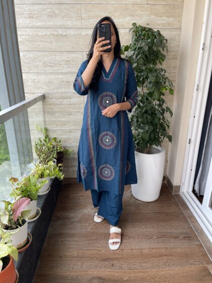 AV137- Premium Handloom Cotton Block print  A Line 2Pc Kurta & Pant Set