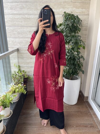 AV142-Premium Cotton Hand Embroidery Straight Cut Kurta
