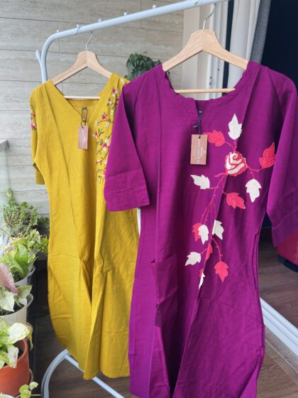 AV143- Soft Raw Silk A line Dress With Hand Embroidery