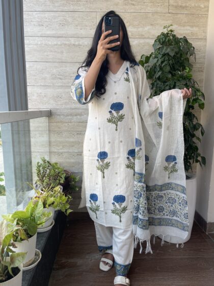 AV150-Pure Khadi Cotton Block Print 3 Pc Straight Cut Kurta ,Pant, Dupatta set