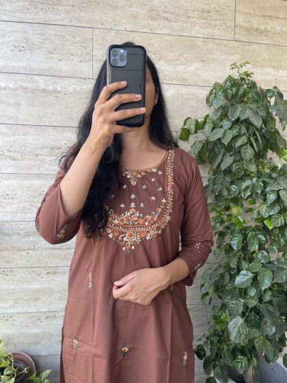 AV144- Pure Jaipur Cotton Hand Embroidery Straight Cut Long Kurta