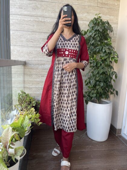 AV147- Pure Ajrakh Hand Mirror Embroidery A Line 2 Pc Kurta & Pant Set