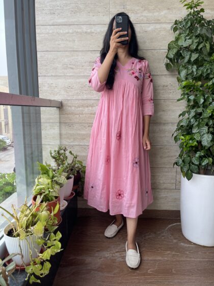 Cherry- Mul Cotton Alia Cut Dress With Cotton Lining and Hand Embroidery