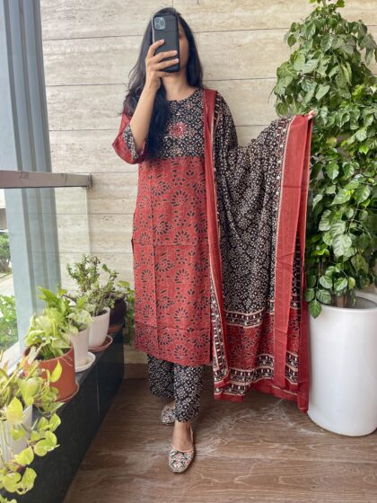 AV155 - Pure Ajrakh Cotton 3 Pc Straight Cut Kurta ,Pant, Dupatta set
