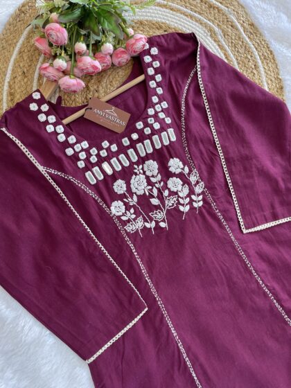 AV156- Premium Cotton Handmade Mirror Embroidery A Line 2Pc Kurta & Pant Set