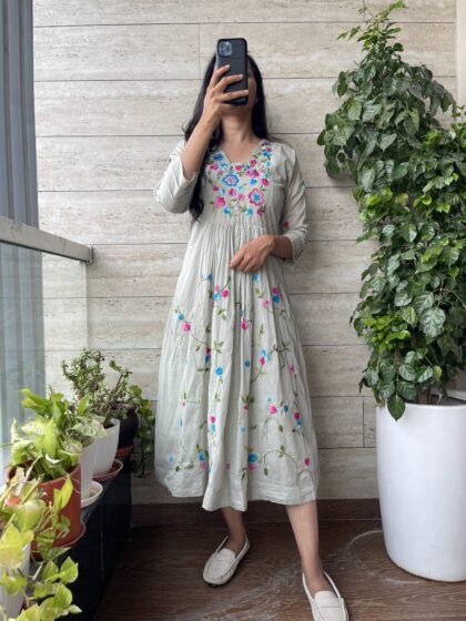Dhanvi-  Mul Cotton Dress With Cotton Lining and Hand Embroidery