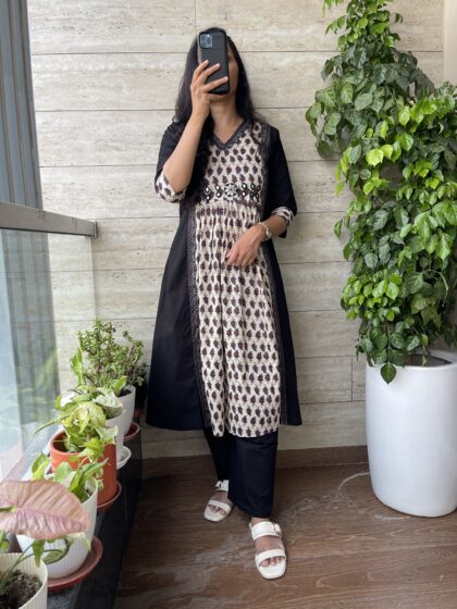 AV147- Pure Ajrakh Hand Mirror Embroidery A Line 2 Pc Kurta & Pant Set