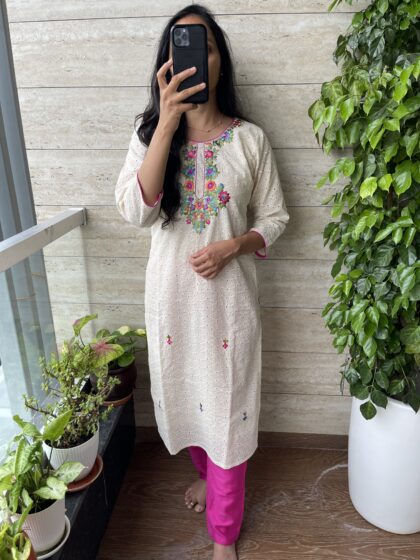 AV11- Premium Khadi Cotton Hand Embroidery Straight Cut 2cPc Kurta, Pant Set