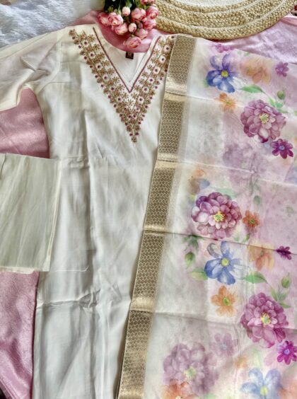 AV159- Premium Party Wear Roman Silk 3Pc Kurta, Pant, Dupatta Set