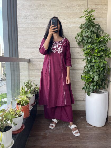 AV156- Premium Cotton Handmade Mirror Embroidery A Line 2Pc Kurta & Pant Set