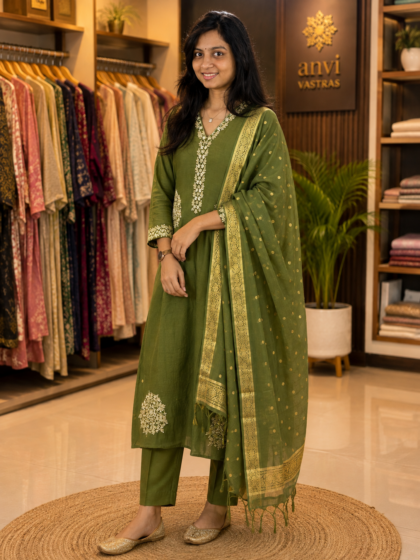 AV177- Premium Benarasi Mul Chanderi Handwork Aline Kurti with Pants and Dupatta