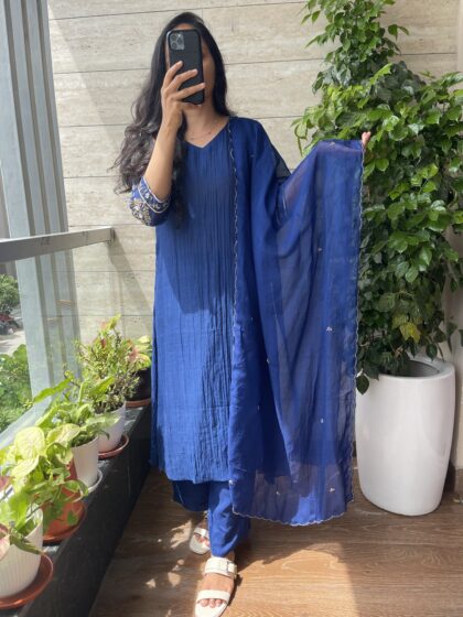 AV167- Premium Benarasi Mul Chanderi Handwork Aline Kurti with Pants and Dupatta