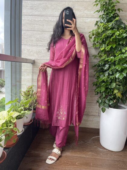 AV168- Premium Benarasi Mul Chanderi Handwork Aline Kurti with Pants and Dupatta