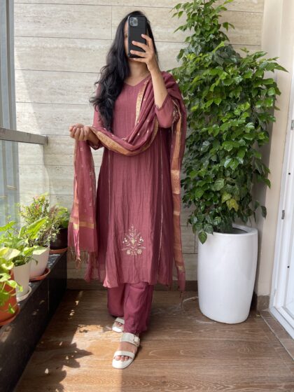 AV169- Premium Benarasi Mul Chanderi Handwork Aline Kurti with Pants and Dupatta