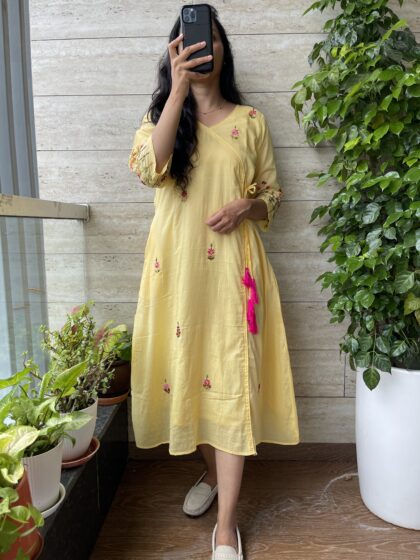 Tara- Mul Cotton Angrakha Dress With Cotton Lining and Hand Embroidery