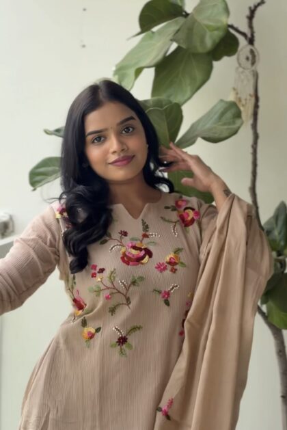 AV118- Crushed Mul Cotton A line Hand Embroidery 3Pc Kurta , Pant, Dupatta Set