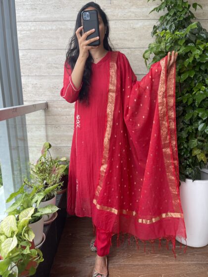 AV170- Premium Benarasi Mul Chanderi Handwork Aline Kurti with Pants and Dupatta