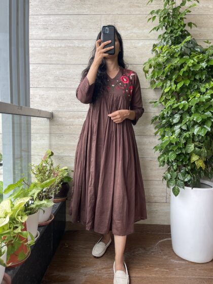 Berry -  Mul Cotton Dress With Cotton Lining and Hand Embroidery