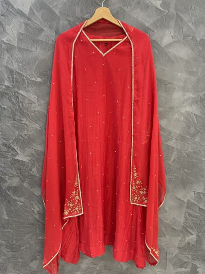 AV171-Premium Benarasi Mul Chanderi Handwork Aline Kurti with Pants and Dupatta
