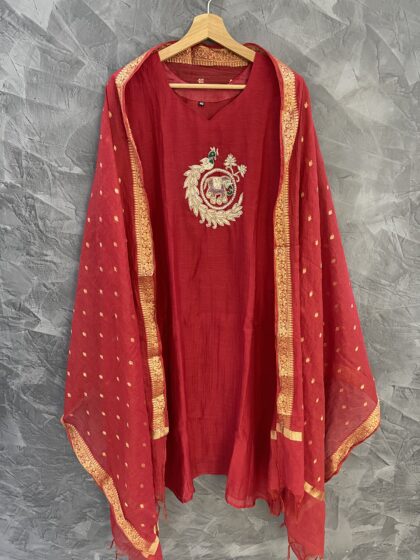 AV175-Premium Benarasi Mul Chanderi Handwork Aline Kurti with Pants and Dupatta