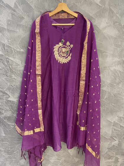 AV174- Premium Benarasi Mul Chanderi Handwork Aline Kurti with Pants and Dupatta