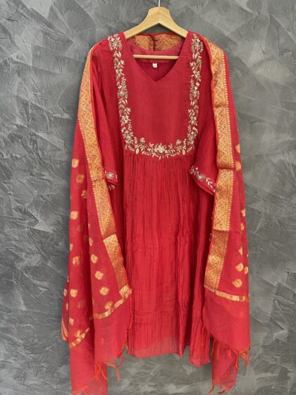AV173- Premium Benarasi Mul Chanderi Handwork Aline Kurti with Pants and Dupatta