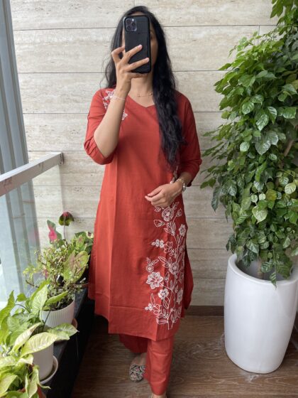 AV179- Pure Cotton Embroidery A Line 2Pc Kurta & Pant Set