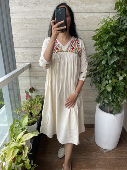 Jenny- Khadi cotton Hand embroidery dress with cotton lining