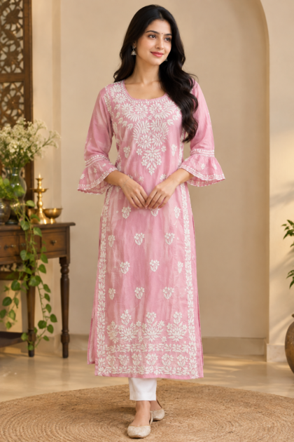 AV111- Heavy Modal Chikankari Long Straight Cut Kurta with Pant 2 Pc Set