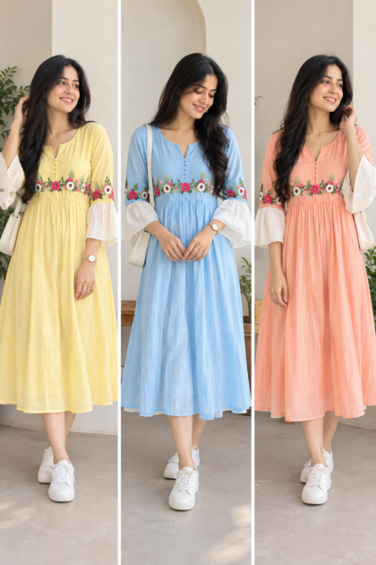 Meera – Mul Cotton Dress With Cotton Lining and Hand Embroidery