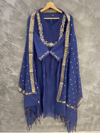 AV181-Premium Benarasi Mul Chanderi Handwork Aline Kurti with Pants and Dupatta