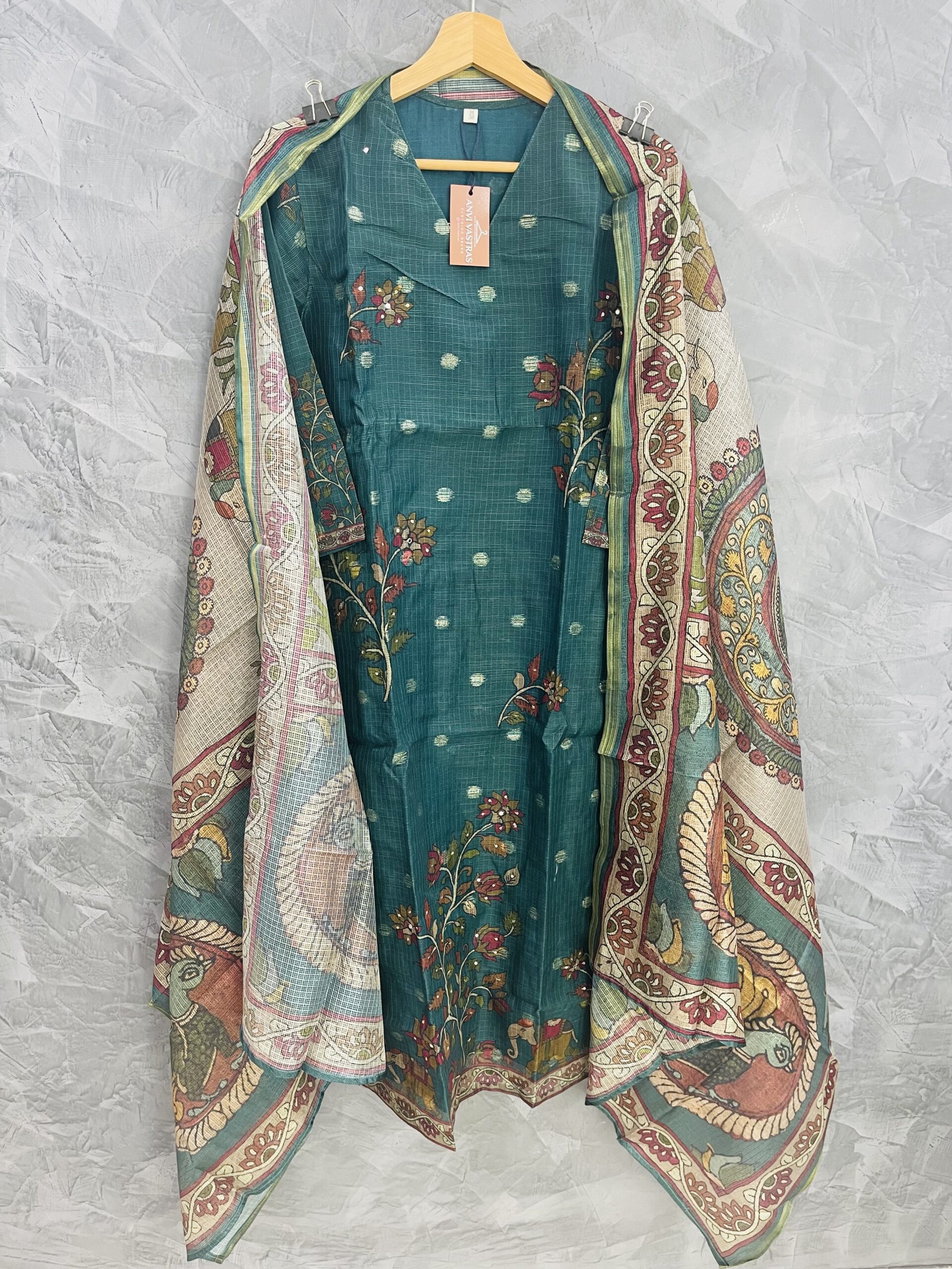 AV182-Premium Kota Doria Straight Cut Kurti with Pants and Dupatta