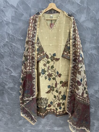 AV183-Premium Kota Doria Straight Cut Kurti with Pants and Dupatta