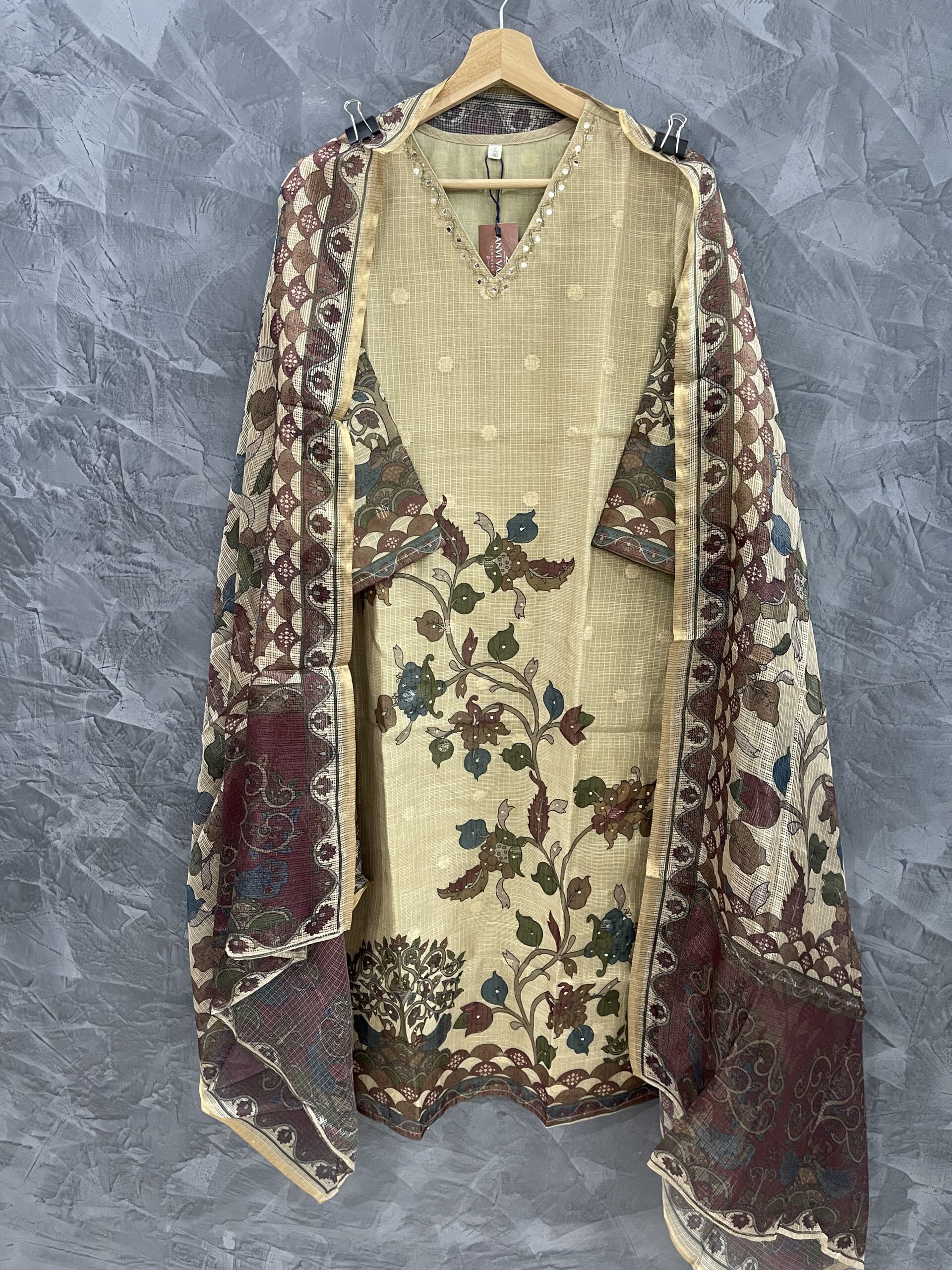 AV183-Premium Kota Doria Straight Cut Kurti with Pants and Dupatta