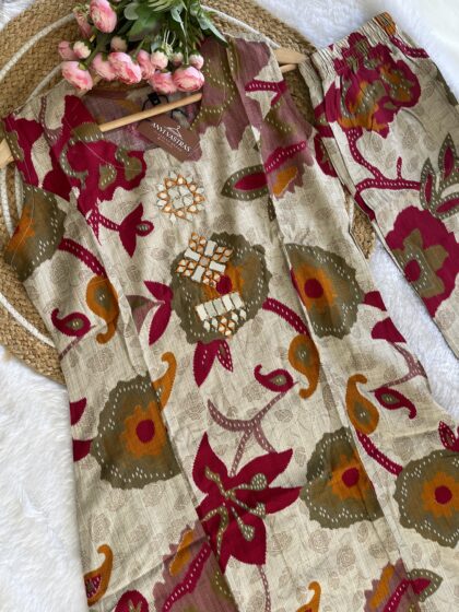 AV184- Vatican Fabric Handmade Mirror Embroidery Aline  2Pc Sleeveless Kurta & Pant Set