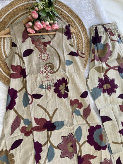 AV185- Vatican Fabric Handmade Mirror Embroidery Aline 2Pc Sleeveless Kurta & Pant Set