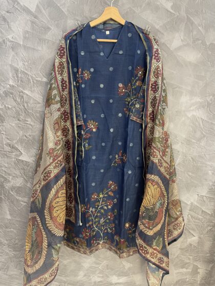 AV191-Premium Kota Doria Straight Cut Kurti with Pants and Dupatta
