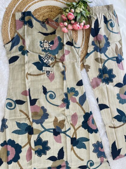 AV188- Vatican Fabric Handmade Mirror Embroidery Aline 2Pc Sleeveless Kurta & Pant Set