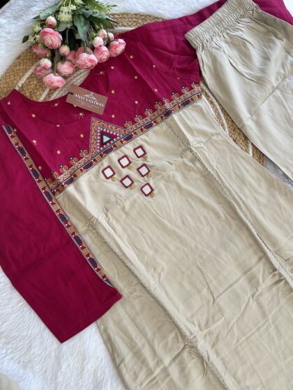 AV187- Premium Suvi Slub Fabric Handmade Mirror Embroidery Aline 2Pc  Kurta & Pant Set