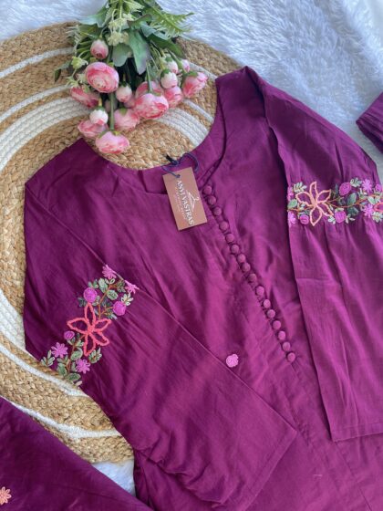 AV190- Premium Mul Cotton A Line 3 Pc Hand Embroidery Kurta(With Lining) ,Pant, Dupatta Set