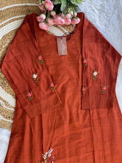 AV189- Soft Raw Silk A line Dress With Hand Embroidery