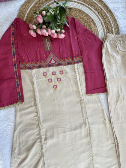 AV192-  Heavy Rayon Fabric Handmade Mirror Embroidery Aline 2Pc Kurta & Pant Set